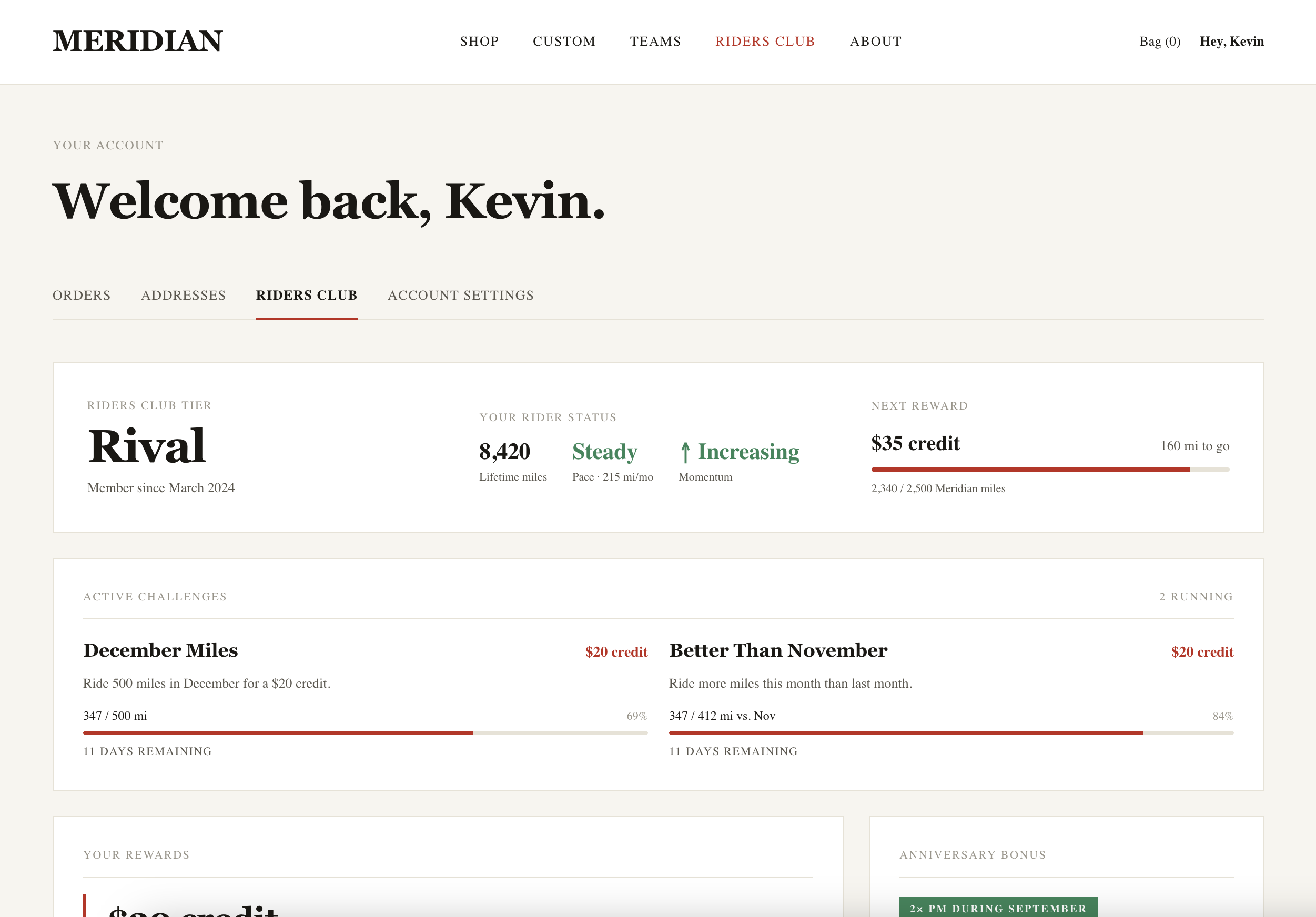 A PROOF-powered brand storefront showing rider tier, lifetime miles, active challenges, and rewards inside the brand's own theme