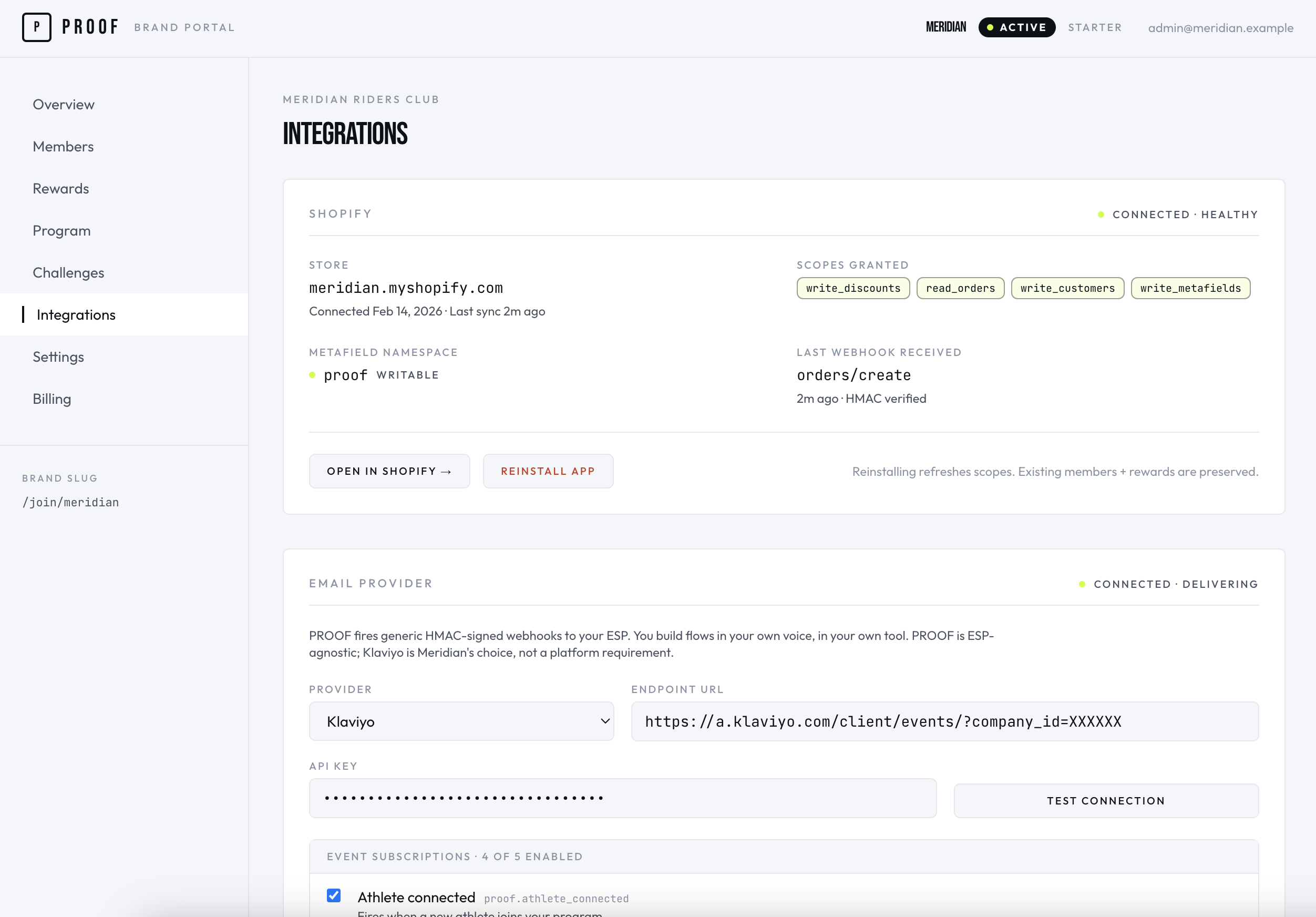PROOF brand operator dashboard, integrations configuration