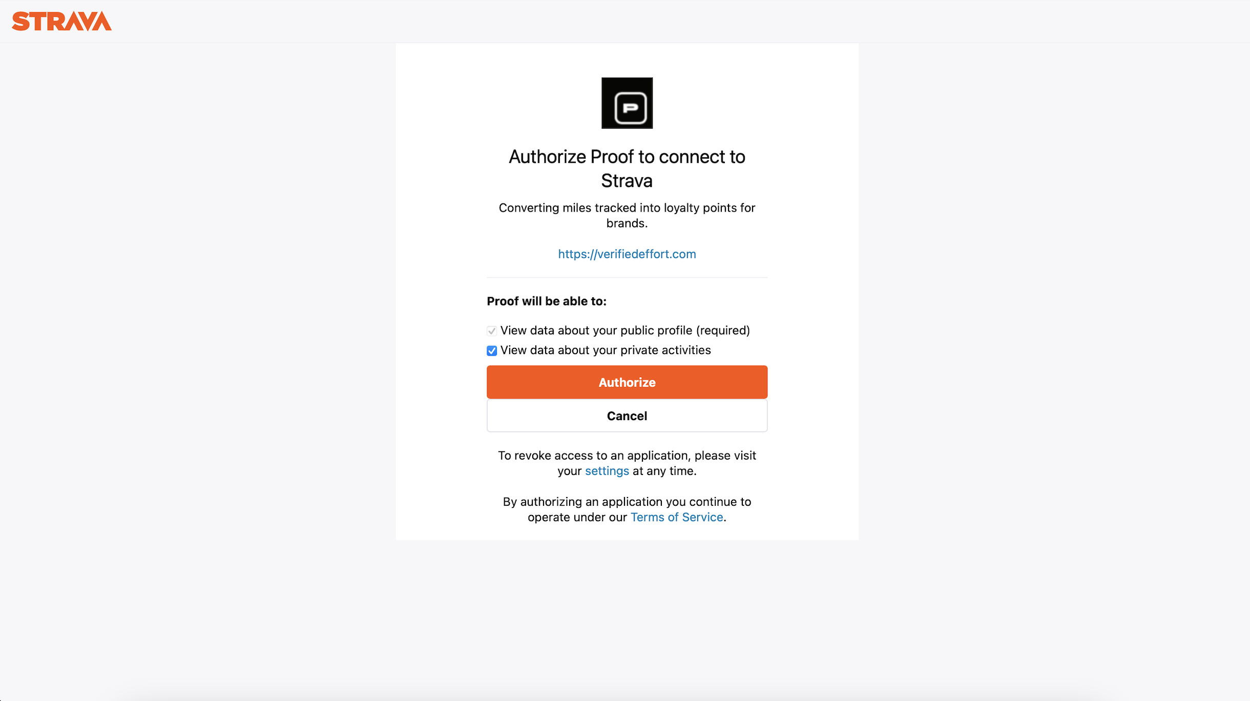 Strava OAuth authorization page showing the scopes PROOF requests with the PROOF brand identified — Garmin Connect follows the same pattern